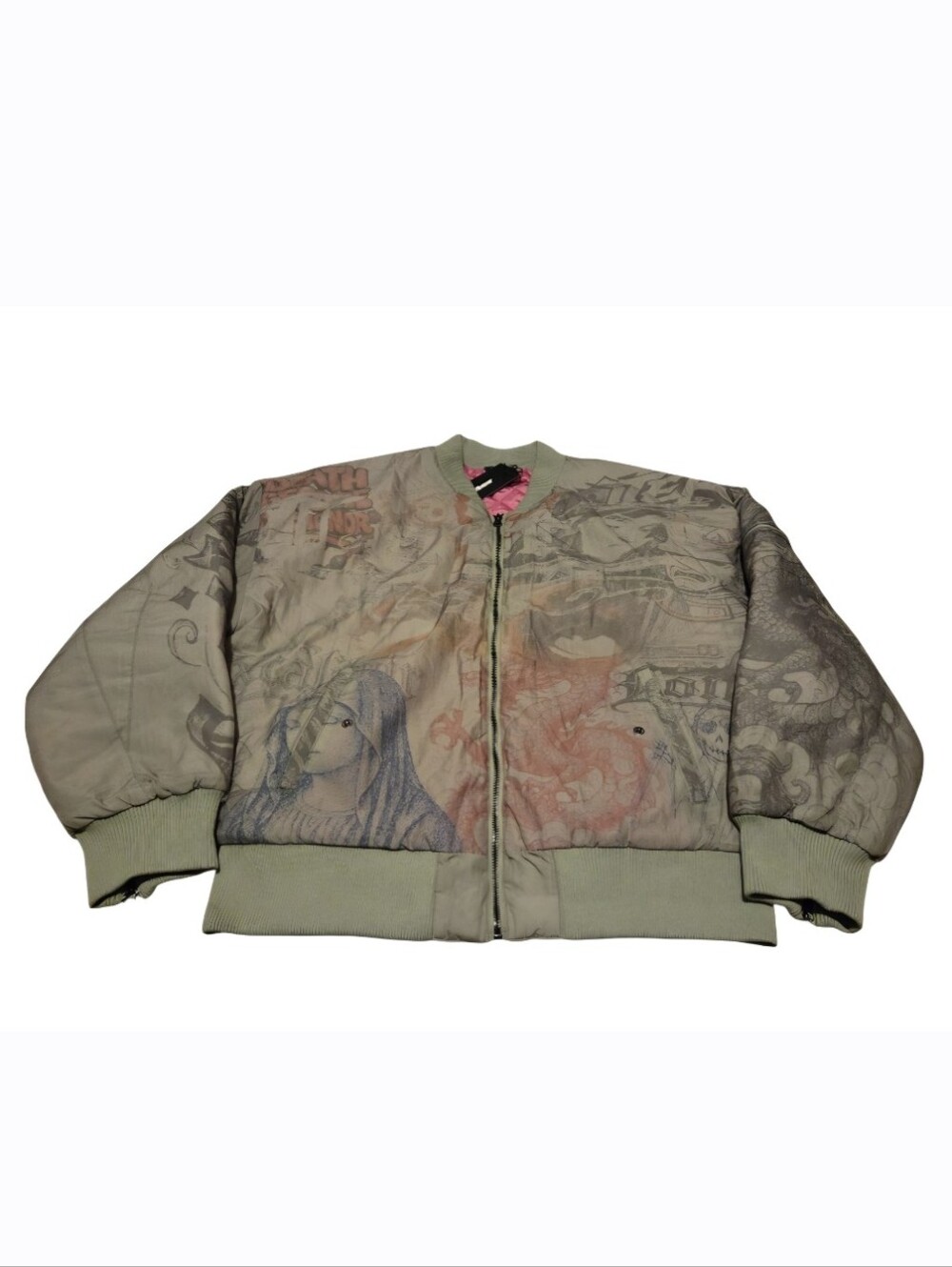 Women’s Loiter Spray Bomber Jacket Khaki All Over Graphic Pink Lining Size M NWT